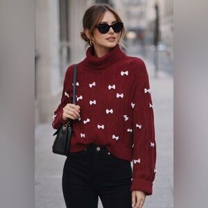 Burgundy Deep Red White Bows 100% Cotton Knit Sweater Coquette Turtleneck XL